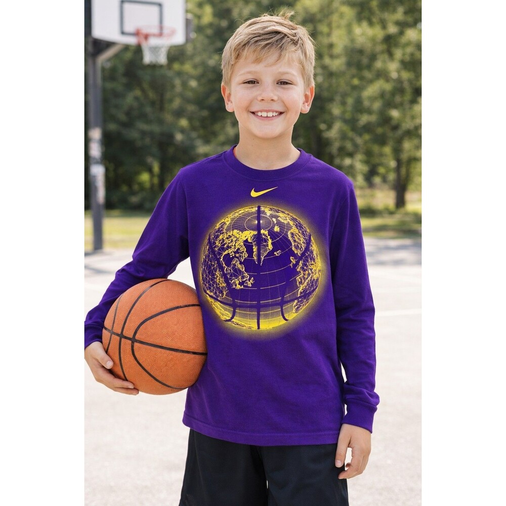 Nike Youth M Long Sleeve Basketball Globe Graphic Shirt Purple/Yellow
